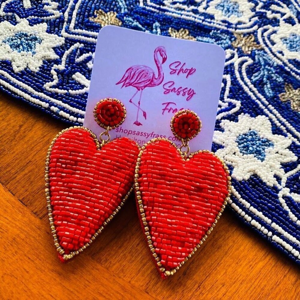 Boutique Sassy Frass Beaded Heart Earrings - Red